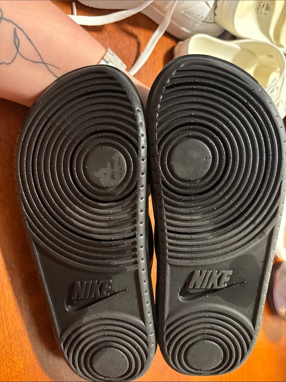 Nike Black Slides with White Swoosh Double Straps